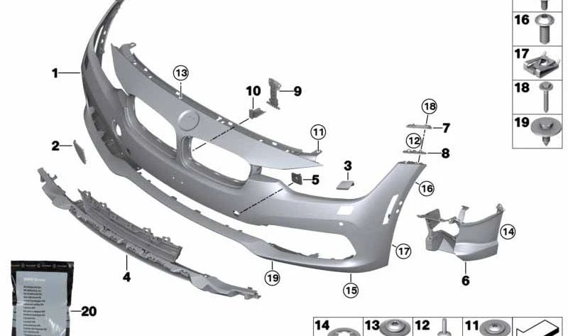 Paragolpes delantero imprimado OEM 51117445131 para BMW F30, F31. Original BMW.