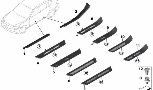 Embellecedor entrada puerta interior derecha OEM 51479167364 para BMW F07, F07N. Pieza original BMW.