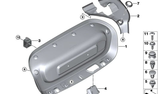Maneta interior portón trasero OEM 51249879929 para BMW G23, G23N, G83, G83N. Original BMW.