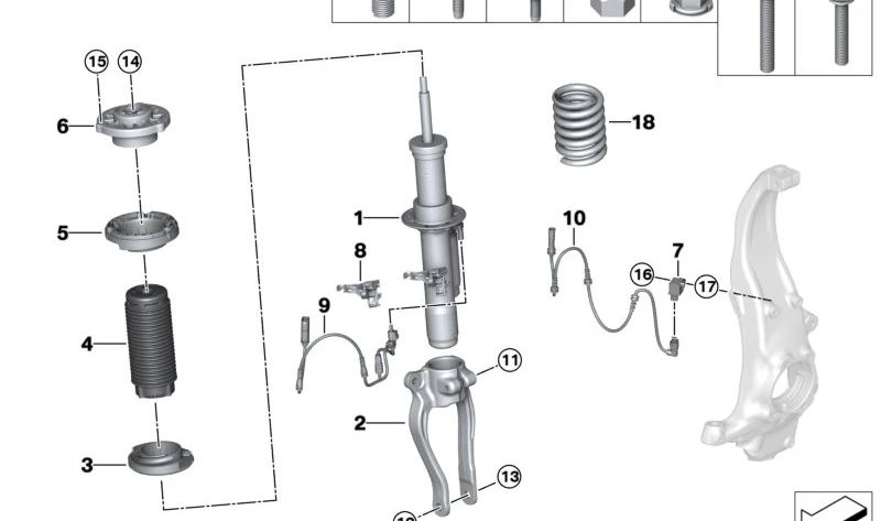 Soporte de amortiguador izquierdo para BMW Serie 5 F90, G30, G31, G38, Serie 6 G32, Serie 7 G11, G12, Serie 8 F91, G14 (OEM 31126861199). Original BMW.