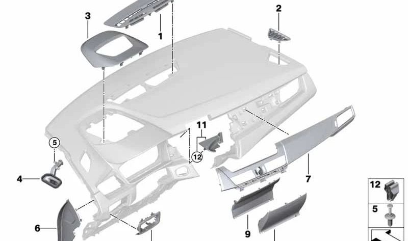 Embellecedor salpicadero negro brillante OEM 51459319571 para BMW F45, F45N, F46, F46N. Pieza del lado acompañante. Acabado en perlglanz cromado. Original BMW.