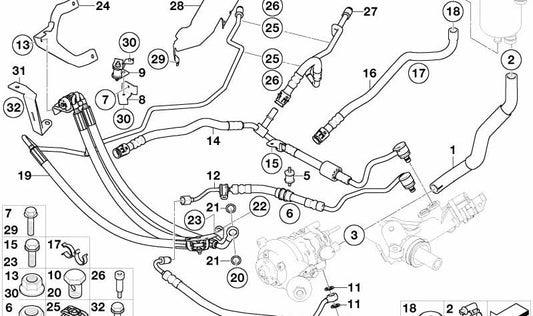 Tubo de retorno hidráulico OEM 32416753820 para BMW Serie 7 E65, E66. Recambio original BMW.