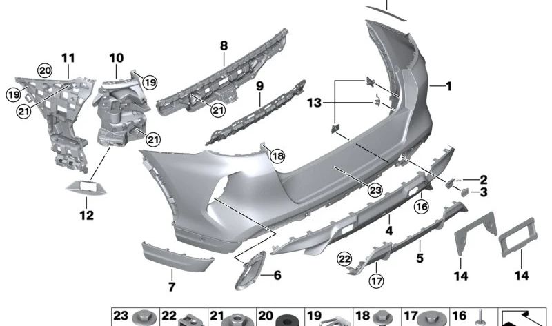 Rear bumper cover primed for BMW X5 F95, F96 (OEM 51128081619). Original BMW