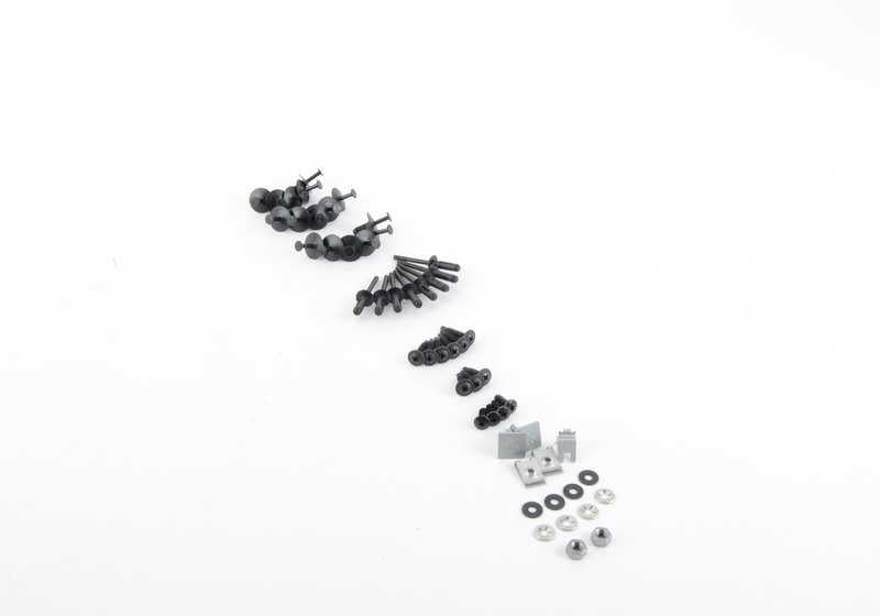 Kit de tornillos fijación parachoques delantero OEM 51112293997 para BMW E46. Incluye grapas, tornillos, tuercas, arandelas y accesorios completos. Original BMW.