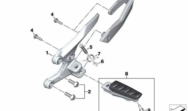 Placa soporte estribera izquierda OEM 46718404605 para BMW Motorrad M 1000 XR (MKM9), S 1000 XR (SK69) modelos desde 12/2019. Recambio original BMW Motorrad.