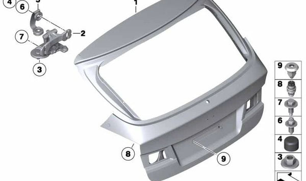 Bisagra derecha portón trasero OEM 41627067220 para BMW E81, E87, E88, E84. Original BMW.