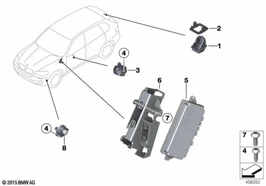 Câmera de visão superior para BMW F30, F31, F34, F35, F80, F32, F33, F36, F82, F83, F07, F10, F11, F18, F06, F12, F13, F01, F02, F04, F25, E70, E71 (OEM 66539240274). BMW originais.