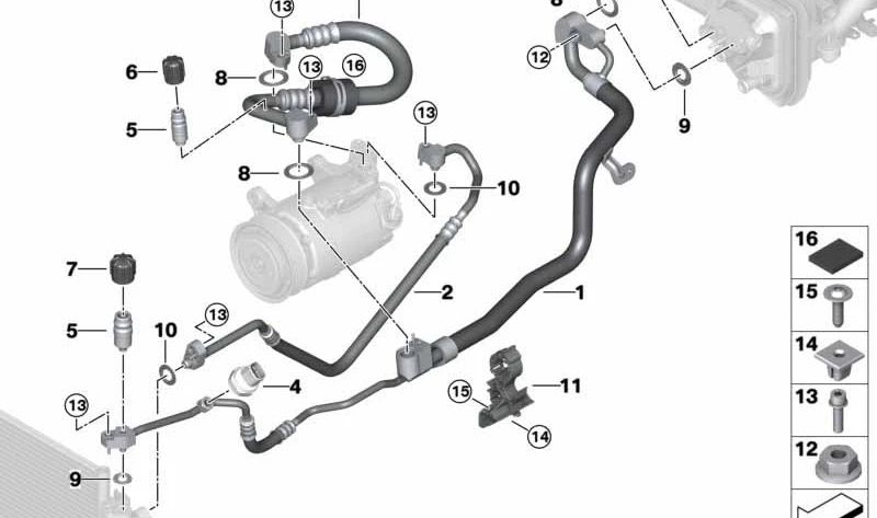 Tubería de presión compresor-condensador OEM 64539860603 para BMW G30, G31, G32. Original BMW.