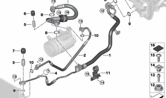 Tubería de presión compresor-condensador OEM 64539860603 para BMW G30, G31, G32. Original BMW.