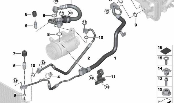 Tubería de presión compresor-condensador OEM 64539860603 para BMW G30, G31, G32. Original BMW.
