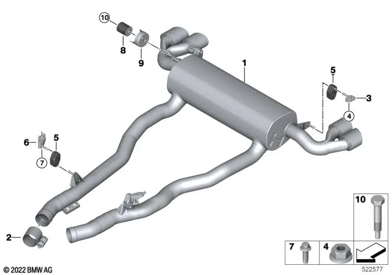Front silencer bracket for BMW F90, G30, G31 6 Series G32 7 Series G11, G12 8 Series F91, G14 X5, X6 (OEM 18308582062). Original BMW.