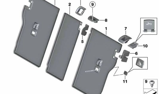 Embellecedor negro OEM 52207268906 para BMW F34 (318d) y F11. Pieza original BMW, recambio para mando o ajuste del asiento trasero. Compatible con versiones manuales y automáticas.