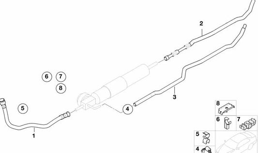 Hose support for BMW E87N, F20N, F21N, F22, F23, E46, E90, E91, E92, E93, F30, F31, F34, F32, F33, F36, E60N, F10N, F11N, E83N, F25, F26, E53 , E70, F15, E71 (OEM 16122229468). Original BMW