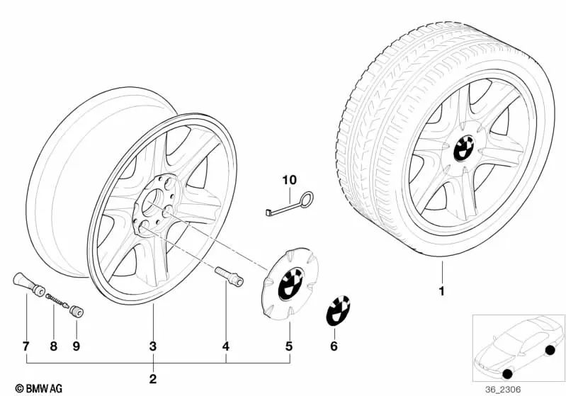 Hub cover for BMW 3 Series E36, 5 Series E34, E39 (OEM 36131182766). Genuine BMW