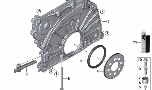 OEM 11148687456 Distribution Chain Cover For BMW F40, F52, F70, F44, F45N, F46, F46N, U06, F48, F48N, F49N, U11, U12, F39, U10 and MINI F54, F54N, F55, F55N, F56, F56N, F56N, F56N, F56N, F56N F57N, F60, F60N, F65, F66, U25. Original BMW and Mini.