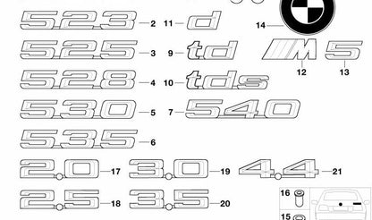 Emblema adhesivo "535" OEM 51148137276 para BMW E34 y E39. Original BMW.