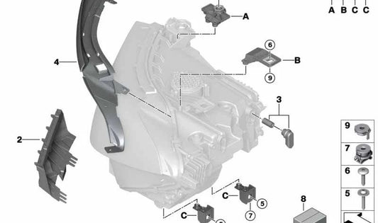 Soporte derecho faro delantero OEM 63119498654 para BMW F91, F92, F93, G14, G15, G16. Pieza original BMW.