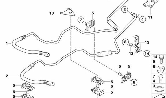 OEM 17227519264 oil radiator pipe support for BMW E60, E61, E63, E64, E65, E66. Original BMW.