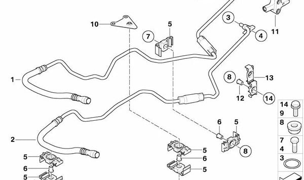 Soporte de tubería del radiador de aceite OEM 17227519264 para BMW E60, E61, E63, E64, E65, E66. Original BMW.
