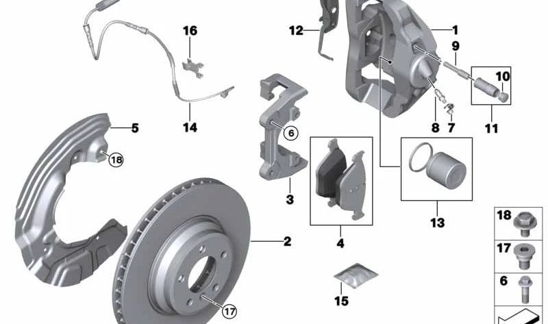 Pinza de freno delantera izquierda OEM 34116773201 para BMW E90, E90N, E91, E91N, E92, E92N, E93, E93N, E84, E89. Original BMW.