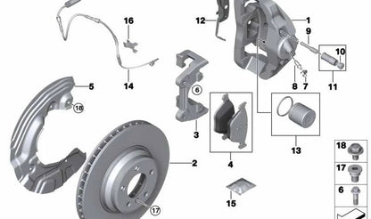 Pinza de freno delantera izquierda OEM 34116773201 para BMW E90, E90N, E91, E91N, E92, E92N, E93, E93N, E84, E89. Original BMW.