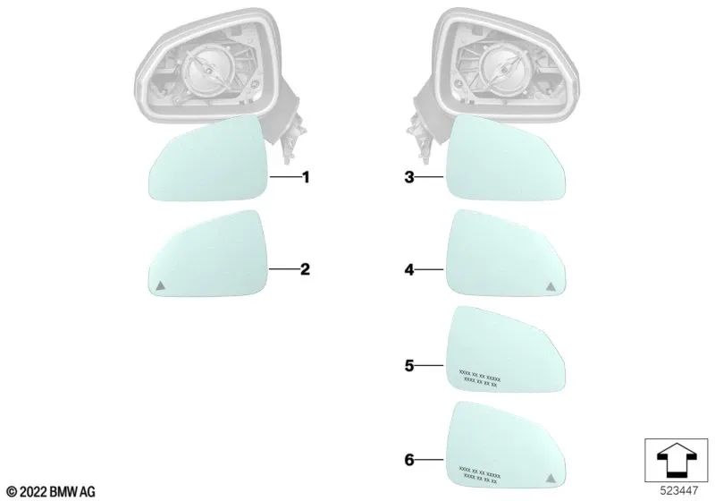 Left Wide Angle Mirror Glass for BMW U06, U11, U12 (OEM 51165A18085). Original BMW.