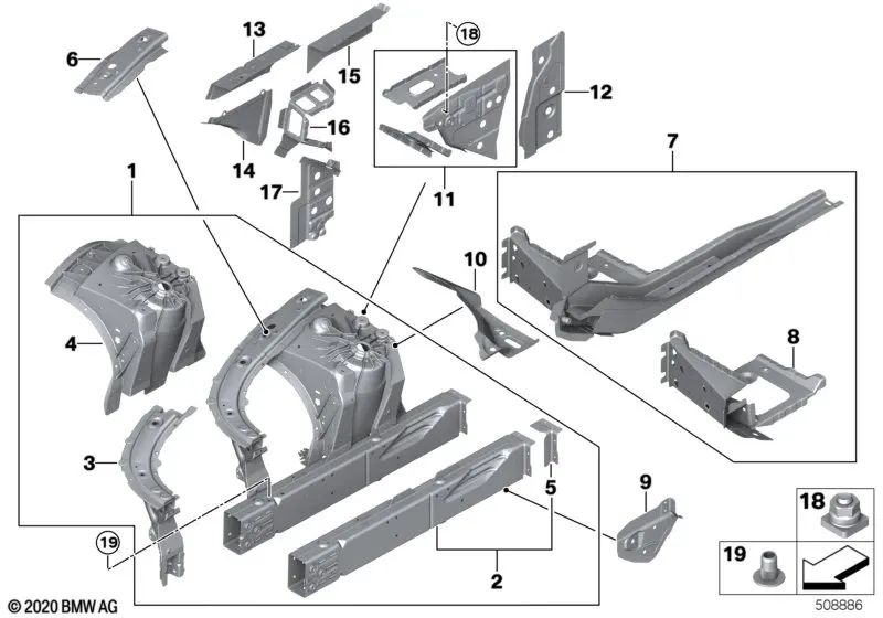 Schließblatt und linke Unterstützung für BMW F90, G30, G31, G38, G32, G11, G12, F91, G14, G15, G16 (OEM 41007412959). Original BMW.