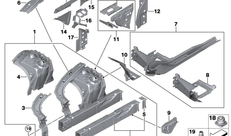 Aleta interior delantera izquierda OEM 41007446651 para BMW F90, F90N, G30, G30N, G31, G31N, G38, G38N, F91, F92, F93, G14, G15, G16. Original BMW.