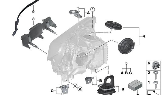Junta de faro derecho OEM 63117408724 para BMW G11, G12 (series 7). Compatible con modelos 725d, 730d, 730d xDrive, 730i, 740d xDrive. Original BMW.