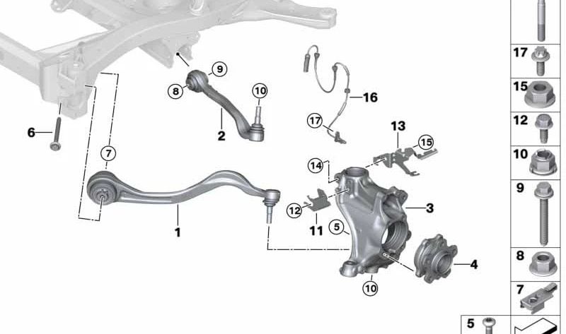 Pivote de suspensión delantero izquierdo con corrección de caída OEM 31216877203 para BMW Z4 G29 (M40i, sDrive20i). Compatible con versiones automáticas y manuales. Original BMW.