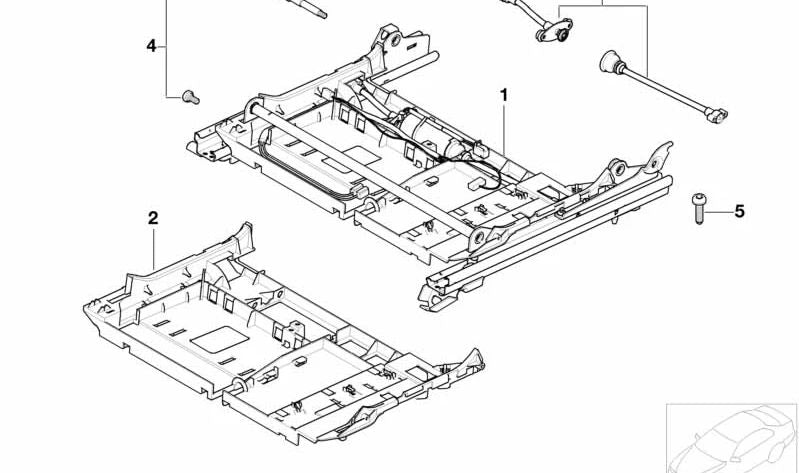 Guía de asiento izquierda OEM 52107075459 para BMW E60, E61, E65, E66, 5 y 7 Serie. Compatible con motores M47S, N47, M54, N46T. Original BMW.