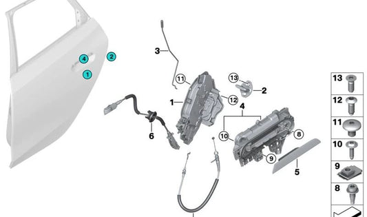 Soporte interior de maneta exterior de puerta izquierda OEM 51215A0C431 para BMW U06. Compatible con sistemas de cierre de puerta delantera y trasera. Original BMW.
