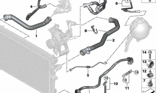 Manguera del vaso de expansión al motor OEM 17128490584 para BMW X5 G05. Repuesto original BMW.