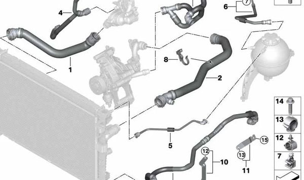 Manguera del vaso de expansión al motor OEM 17128490584 para BMW X5 G05. Repuesto original BMW.