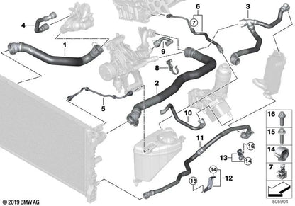Tubo flexible bomba líquido refrigerante OEM 17128598386 para BMW Serie 5 G30, G31, Serie 6 G32... y más. Original BMW.