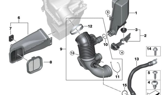 Tubo de admisión de aire OEM 13718573423 para BMW G30, G31, G11, G12, G01, G02. Compatible con modelos 525d, 725d, 725Ld, xDrive25d. Original BMW.