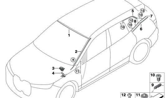 Rear lower right side window trim for BMW I20 Series (OEM 51379449722). Original BMW