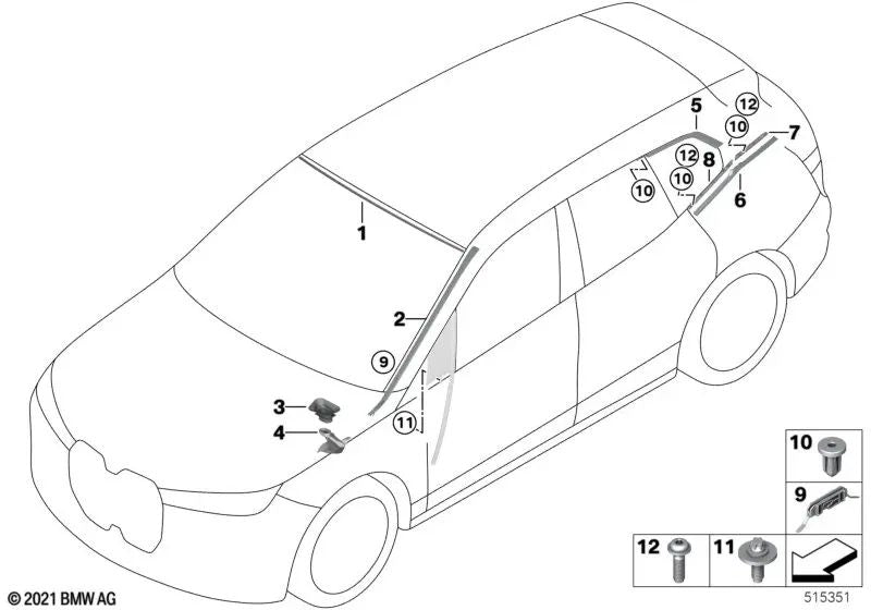 Rear window lower left moulding for BMW i I20 (OEM 51379449719). Original BMW.
