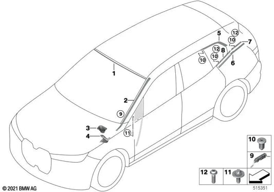 Rear window lower left moulding for BMW i I20 (OEM 51379449719). Original BMW.
