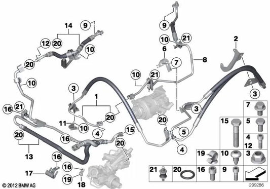 Return line bracket for BMW 5 Series F07, F10, F11 and 6 Series F06, F12, F13 and 7 Series F01, F02, F04 (OEM 32416791634). Original BMW.