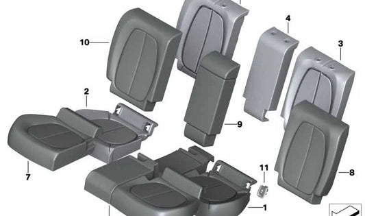 Funda de asiento de cuero derecha OEM 52207466826 para BMW F46, F46N. Color negro/azul. Original BMW.