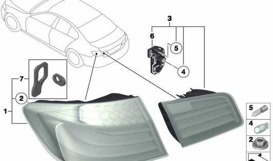 Porta lámparas piloto trasero izquierdo maletero OEM 63217344645 para BMW F10, F10N, F18N. Original BMW.