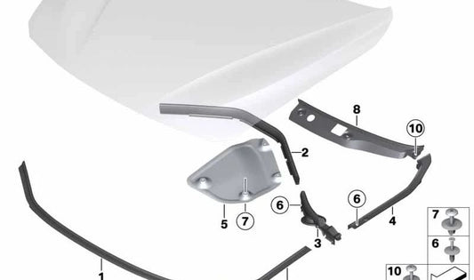 OEMrmal protector 51767289875 for BMW F20, F20N, F21, F21N, F30, F30N, F31, F35N. Part of the front hood joints. Original BMW.