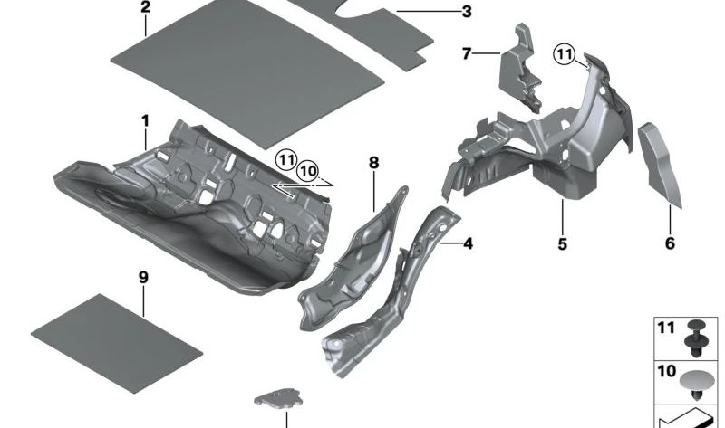 Aislante acústico paso de rueda trasero derecho OEM 51487221972 para BMW F30, F31, F35, F80, F32, F36, F82. Original BMW.
