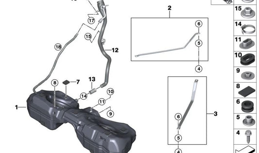 Depósito de combustible de plástico OEM 16119469498 para BMW G20, G20N, G21, G21N, G28, G28N, G22, G22N, G26, G26N. Original BMW.