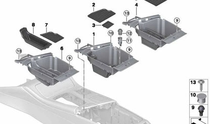 Compartimento para reposabrazos central OEM 51169334683 para BMW F10 (modelos 528i, 528i xDrive, 530d, 535d xDrive, 535i, 535i xDrive, 550i, 550i xDrive). Original BMW.