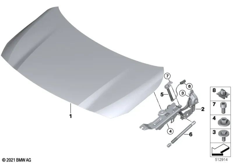 Front left hood hinge for BMW 2 Series F45, F46, U06 (OEM 41009632501). Original BMW