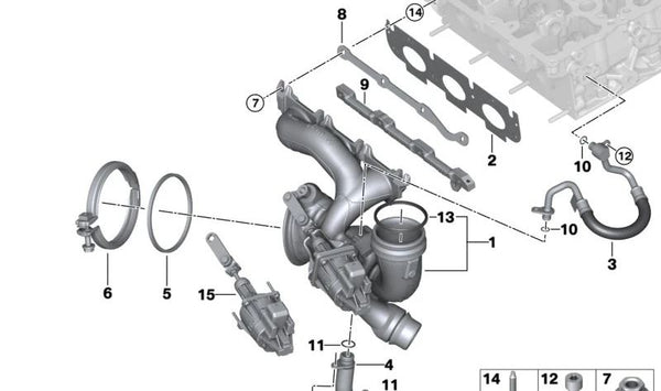 Turbocompresor con colector de escape OEM 11655A14820 para BMW F45, F48, F49, F39 y F60. Original BMW.