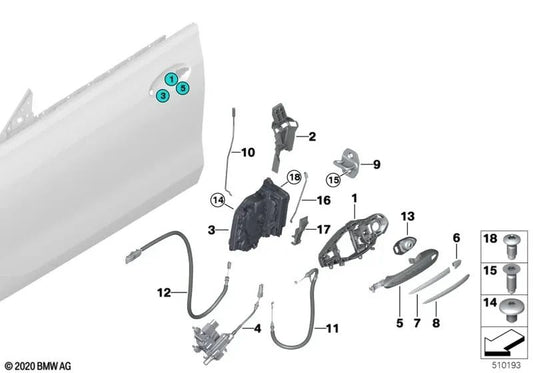 Manico della porta dipinta esterna sinistra per BMW F90, G30, G31, G38, G32 (OEM 51217443041). BMW originale.