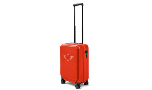 Trolley de cabina MINI con logo en relieve OEM 80225B320E1. Maleta rígida con ruedas, apta como equipaje de mano, incluye compartimento para portátil 13". Original MINI.